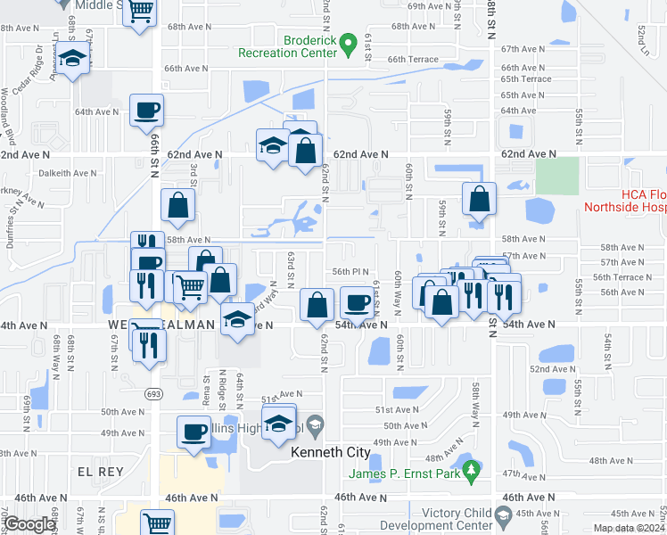 map of restaurants, bars, coffee shops, grocery stores, and more near 6187 56th Place North in Saint Petersburg