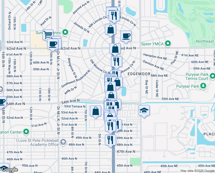 map of restaurants, bars, coffee shops, grocery stores, and more near 5635 Sycamore Street North in St. Petersburg