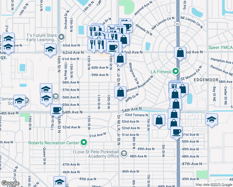 map of restaurants, bars, coffee shops, grocery stores, and more near 5612 Doctor Martin Luther King Junior Street North in St. Petersburg