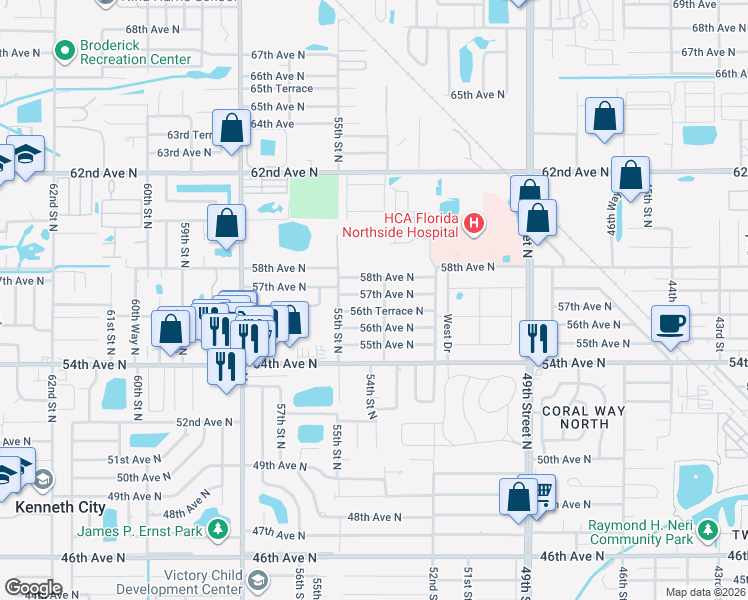 map of restaurants, bars, coffee shops, grocery stores, and more near 5428 57th Avenue North in St. Petersburg