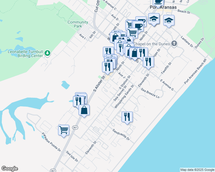 map of restaurants, bars, coffee shops, grocery stores, and more near 205 Nautilus in Port Aransas