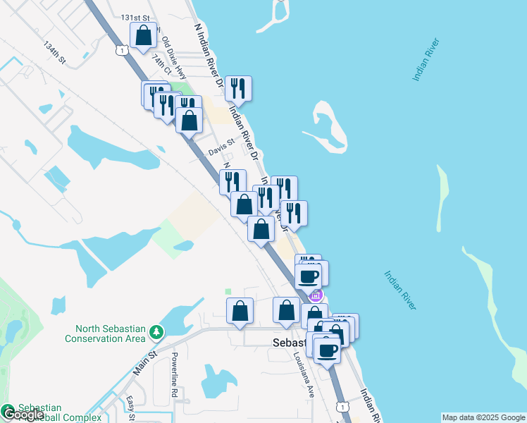 map of restaurants, bars, coffee shops, grocery stores, and more near 1614 North Central Avenue in Sebastian