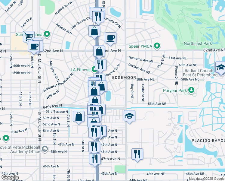 map of restaurants, bars, coffee shops, grocery stores, and more near 563 2nd Way North in St. Petersburg