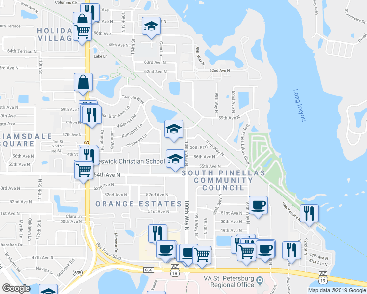 map of restaurants, bars, coffee shops, grocery stores, and more near 5654 100th Way North in Saint Petersburg
