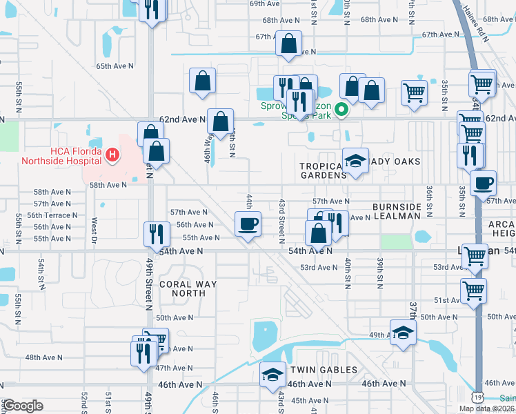 map of restaurants, bars, coffee shops, grocery stores, and more near 5641 44th Street North in St. Petersburg