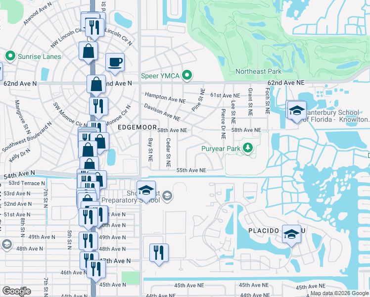 map of restaurants, bars, coffee shops, grocery stores, and more near 5600 Kiwanis Place Northeast in Saint Petersburg