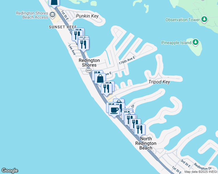 map of restaurants, bars, coffee shops, grocery stores, and more near 143e 174th Terrace East in Redington Shores