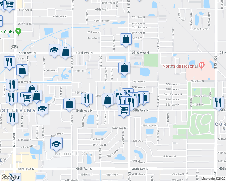 map of restaurants, bars, coffee shops, grocery stores, and more near 5649 59th Street North in St. Petersburg