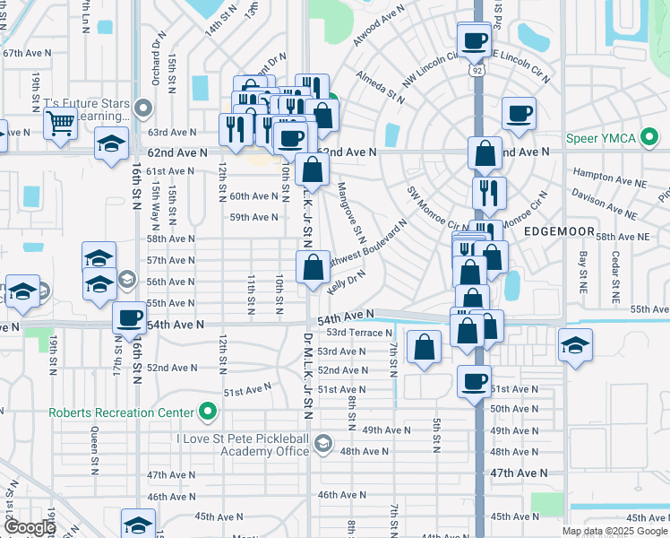 map of restaurants, bars, coffee shops, grocery stores, and more near 810 Southwest Boulevard North in St. Petersburg