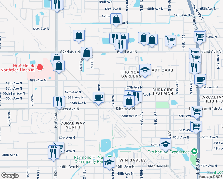 map of restaurants, bars, coffee shops, grocery stores, and more near 5676 43rd Street in St. Petersburg
