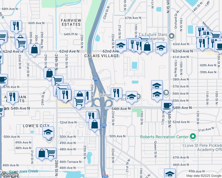 map of restaurants, bars, coffee shops, grocery stores, and more near 5733 Calais Lane in St. Petersburg