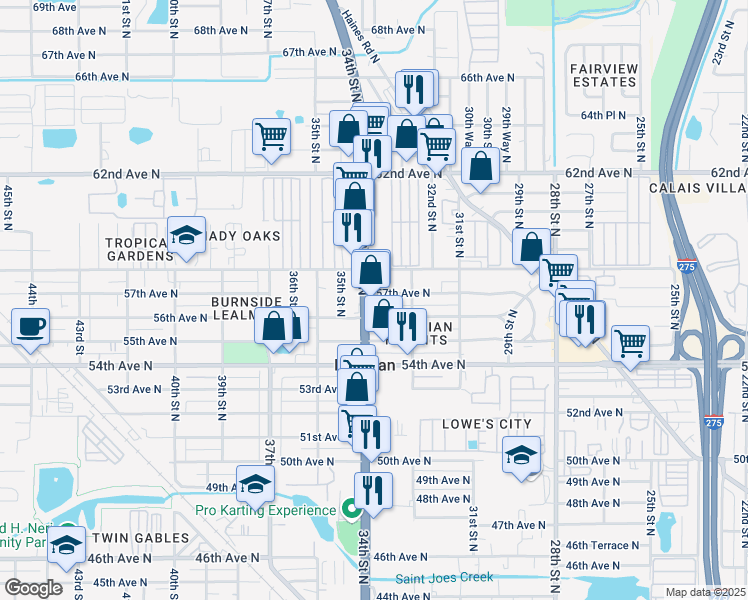 map of restaurants, bars, coffee shops, grocery stores, and more near 3310 57th Avenue North in St. Petersburg