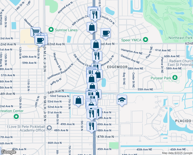 map of restaurants, bars, coffee shops, grocery stores, and more near 301 Greenville Avenue North in St. Petersburg