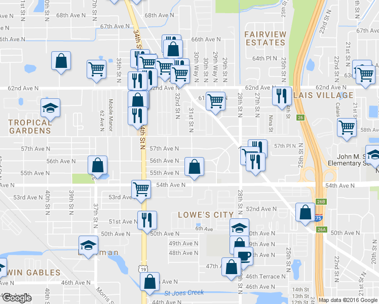 map of restaurants, bars, coffee shops, grocery stores, and more near 5630 31st Street North in St. Petersburg