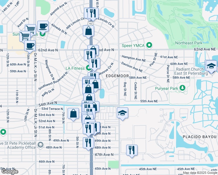 map of restaurants, bars, coffee shops, grocery stores, and more near 5619 Manchester Street North in Saint Petersburg