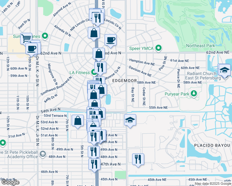 map of restaurants, bars, coffee shops, grocery stores, and more near 563 2nd Way North in St. Petersburg