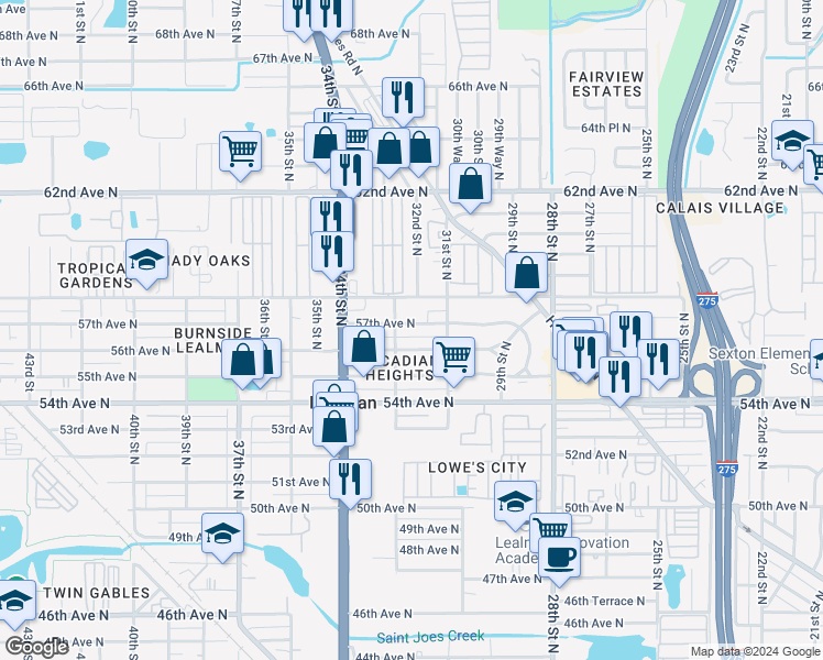 map of restaurants, bars, coffee shops, grocery stores, and more near 3142 57th Avenue North in St. Petersburg