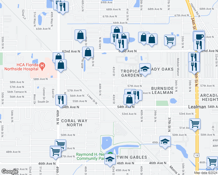 map of restaurants, bars, coffee shops, grocery stores, and more near 5676 43rd Street in St. Petersburg