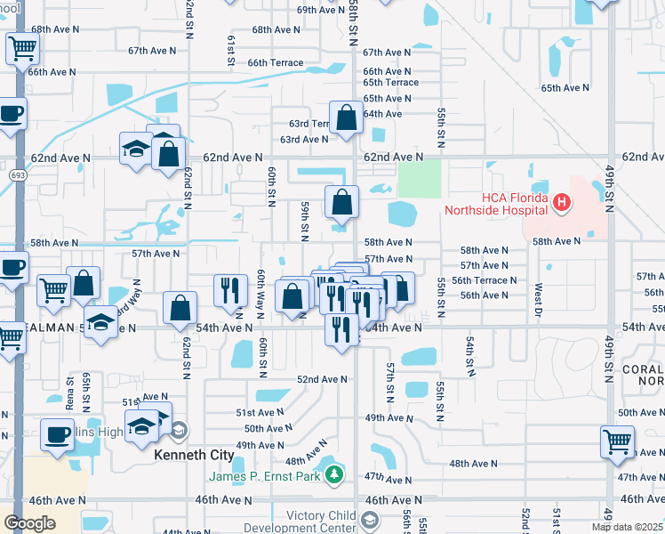 map of restaurants, bars, coffee shops, grocery stores, and more near 5618 58th Street North in St. Petersburg