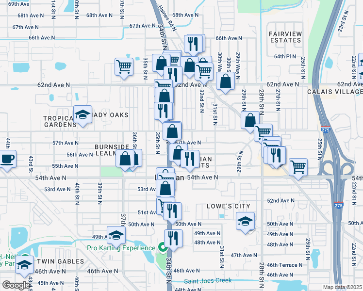 map of restaurants, bars, coffee shops, grocery stores, and more near 3310 57th Avenue North in St. Petersburg