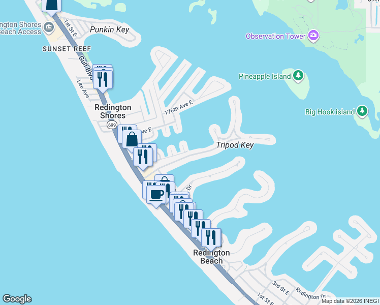 map of restaurants, bars, coffee shops, grocery stores, and more near 308 173rd Avenue in North Redington Beach