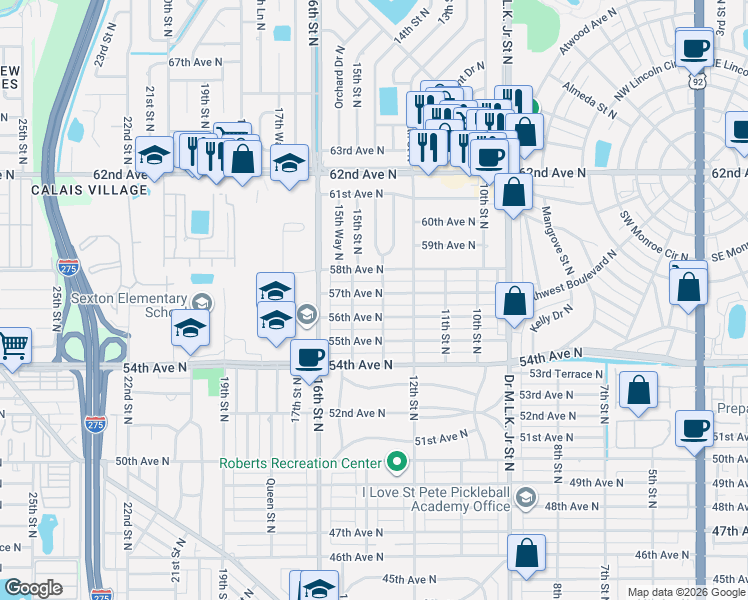 map of restaurants, bars, coffee shops, grocery stores, and more near 1400 57th Avenue North in St. Petersburg