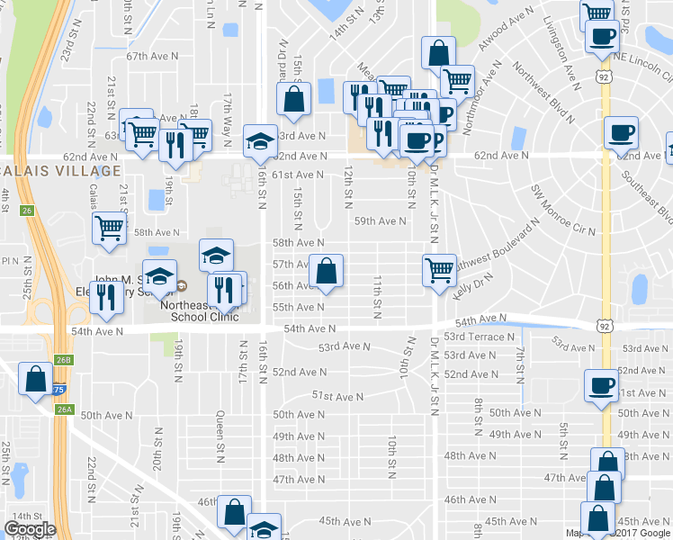 map of restaurants, bars, coffee shops, grocery stores, and more near 1228 57th Avenue North in Saint Petersburg