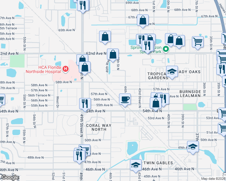 map of restaurants, bars, coffee shops, grocery stores, and more near 4466 57th Avenue North in St. Petersburg