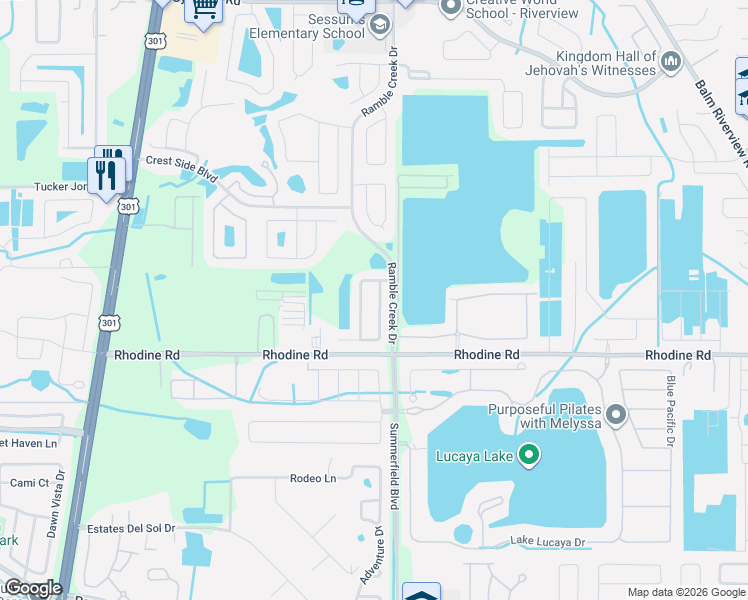 map of restaurants, bars, coffee shops, grocery stores, and more near 12009 Rambling Stream Drive in Riverview