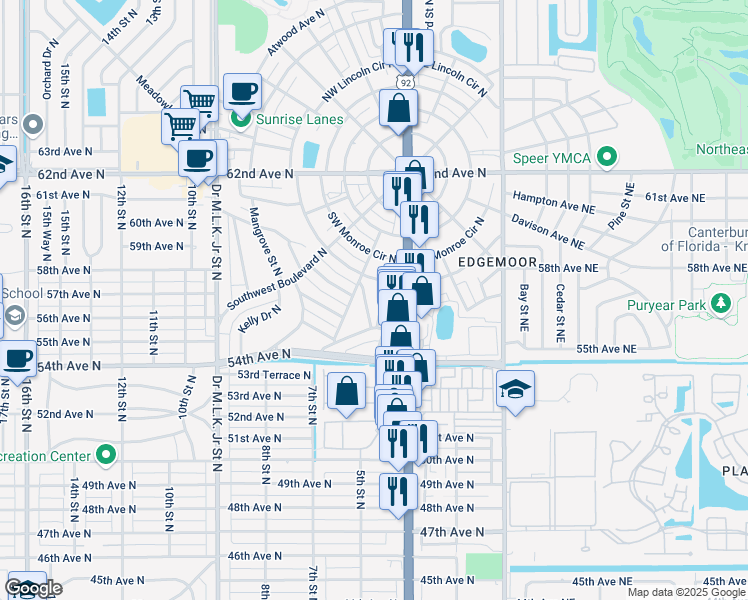 map of restaurants, bars, coffee shops, grocery stores, and more near 5626 Sycamore Street North in Saint Petersburg