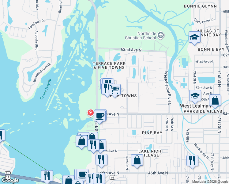 map of restaurants, bars, coffee shops, grocery stores, and more near 8174 Eagles Park Drive North in Saint Petersburg