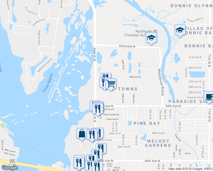 map of restaurants, bars, coffee shops, grocery stores, and more near 8206 Eagles Park Drive North in Saint Petersburg