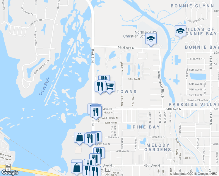 map of restaurants, bars, coffee shops, grocery stores, and more near 8176 Eagles Park Drive North in Saint Petersburg