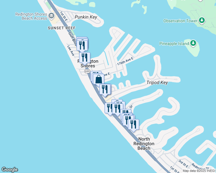 map of restaurants, bars, coffee shops, grocery stores, and more near 152 174th Terrace East in Redington Shores