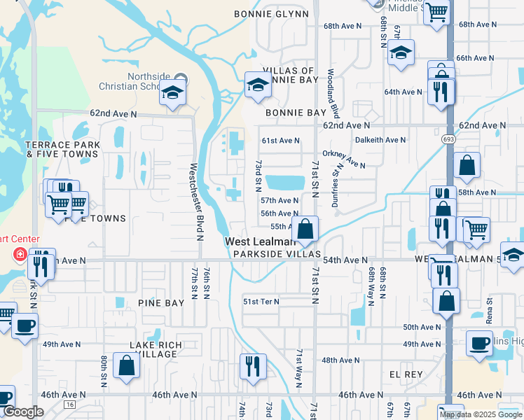 map of restaurants, bars, coffee shops, grocery stores, and more near 7297 56th Avenue North in St. Petersburg