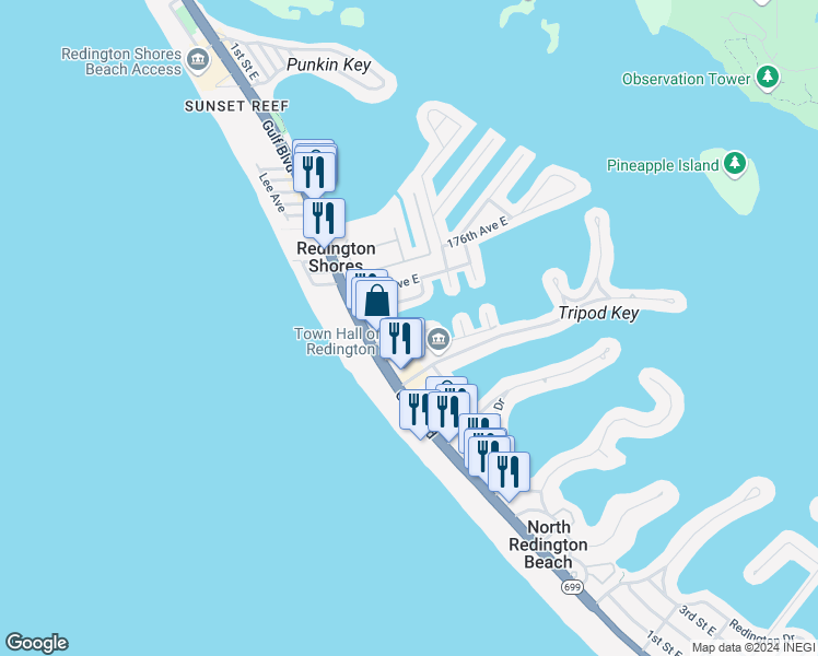 map of restaurants, bars, coffee shops, grocery stores, and more near 152 174th Terrace East in Redington Shores