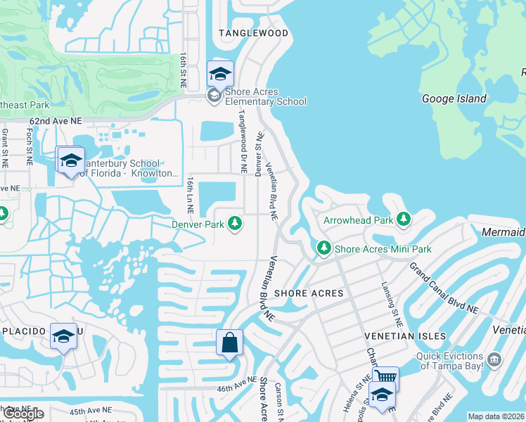 map of restaurants, bars, coffee shops, grocery stores, and more near 5601 Denver Street Northeast in St. Petersburg