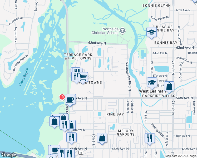 map of restaurants, bars, coffee shops, grocery stores, and more near 5705 80th Street North in Saint Petersburg