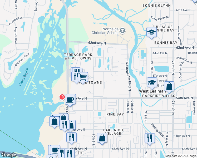 map of restaurants, bars, coffee shops, grocery stores, and more near 5705 80th Street North in St. Petersburg