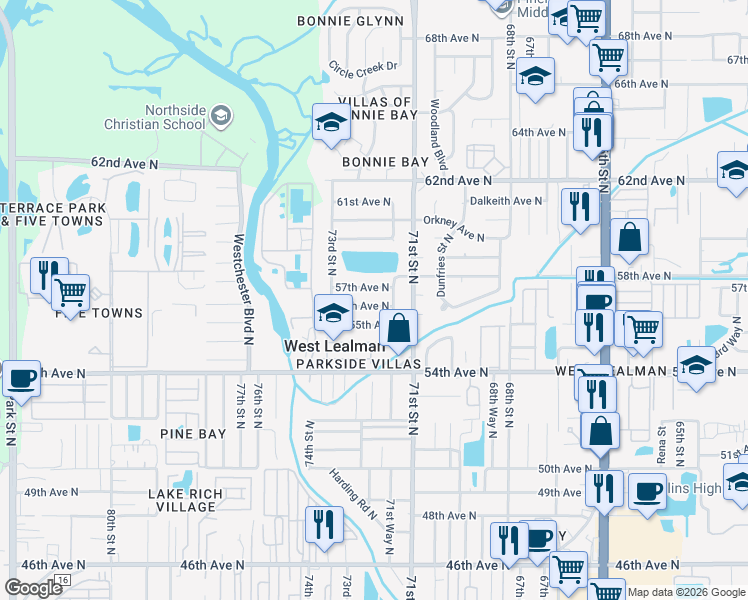 map of restaurants, bars, coffee shops, grocery stores, and more near 7233 56th Avenue North in St. Petersburg