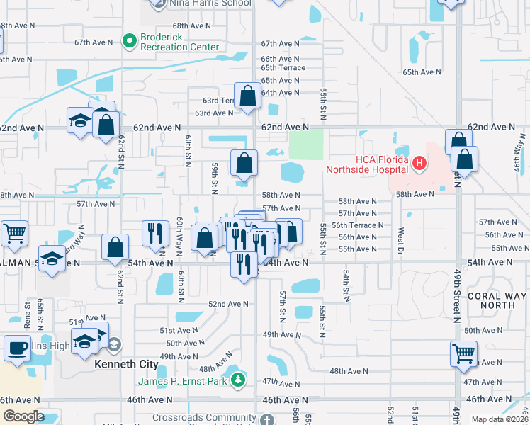 map of restaurants, bars, coffee shops, grocery stores, and more near 5741 56th Terrace North in St. Petersburg