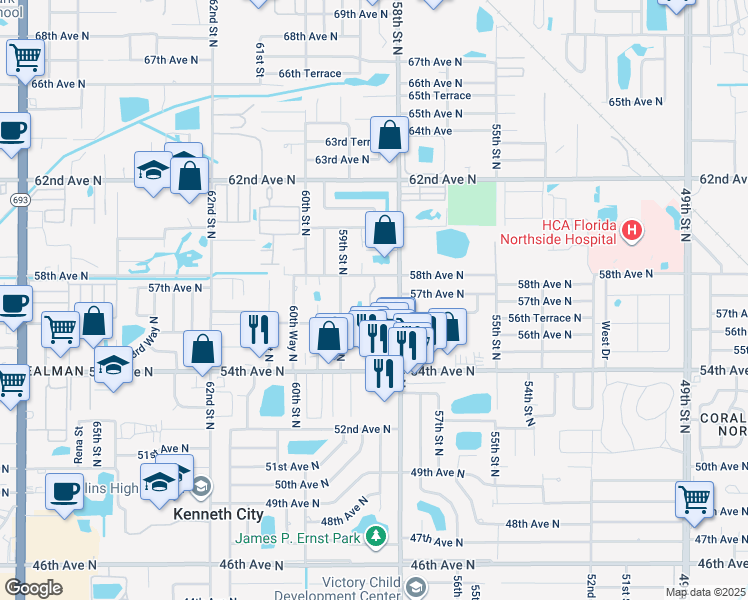 map of restaurants, bars, coffee shops, grocery stores, and more near 5618 58th Street North in St. Petersburg