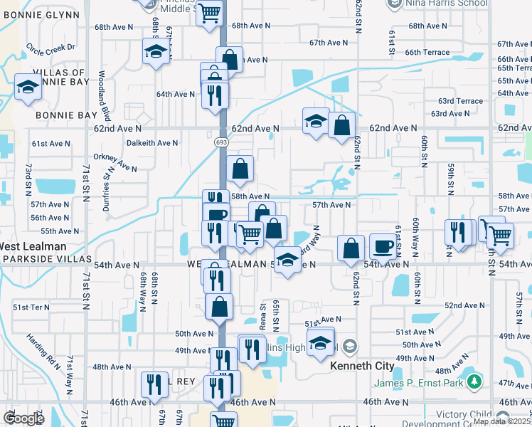 map of restaurants, bars, coffee shops, grocery stores, and more near 6545 56th Avenue North in St. Petersburg