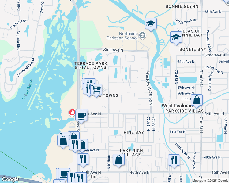 map of restaurants, bars, coffee shops, grocery stores, and more near 5705 80th Street North in St. Petersburg