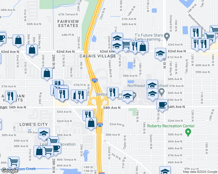 map of restaurants, bars, coffee shops, grocery stores, and more near 5800 22nd Street North in St. Petersburg