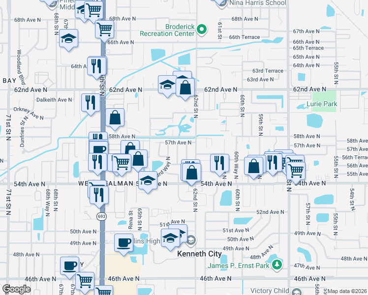 map of restaurants, bars, coffee shops, grocery stores, and more near 5672 62nd Way North in St. Petersburg