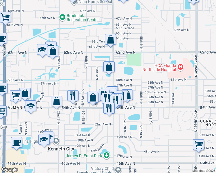 map of restaurants, bars, coffee shops, grocery stores, and more near 5618 58th Street North in St. Petersburg