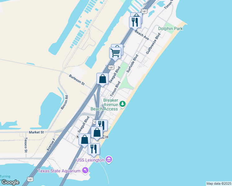 map of restaurants, bars, coffee shops, grocery stores, and more near 233 Bushick Place in Corpus Christi