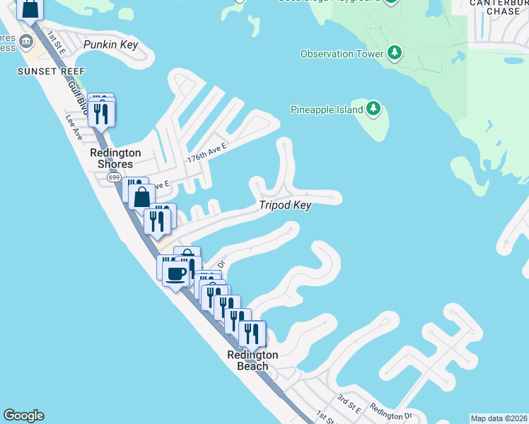 map of restaurants, bars, coffee shops, grocery stores, and more near 405 173rd Avenue in North Redington Beach