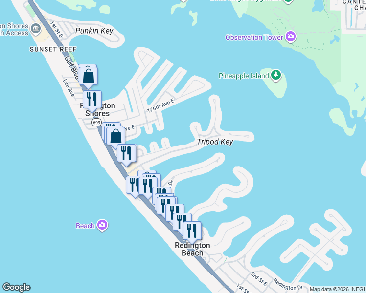 map of restaurants, bars, coffee shops, grocery stores, and more near 330 173rd Avenue in North Redington Beach